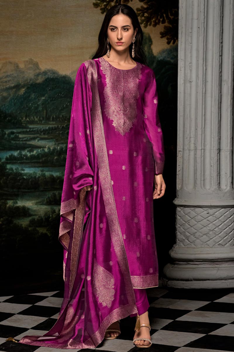 Women  Pink Woven Zari Embroidered Straight Kurta With Bottom And Dupatta main image 1