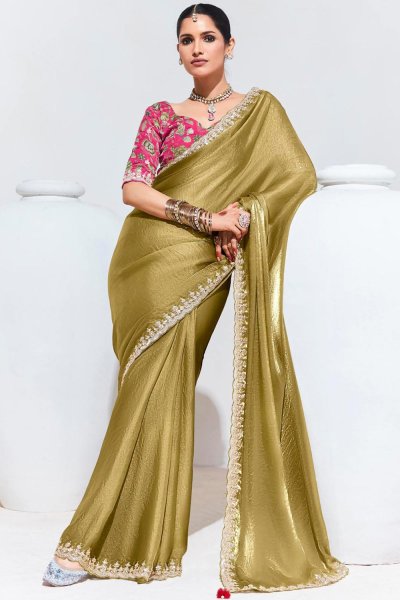 Olive Green Glass Tissue Organza Silk Embroidered Saree Olive Green Glass Tissue Organza Silk Embroidered Saree