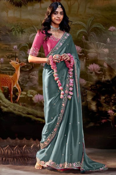 Steel Blue Organza Silk Chiffon Embroidered Saree Steel Blue Organza Silk Chiffon Embroidered Saree