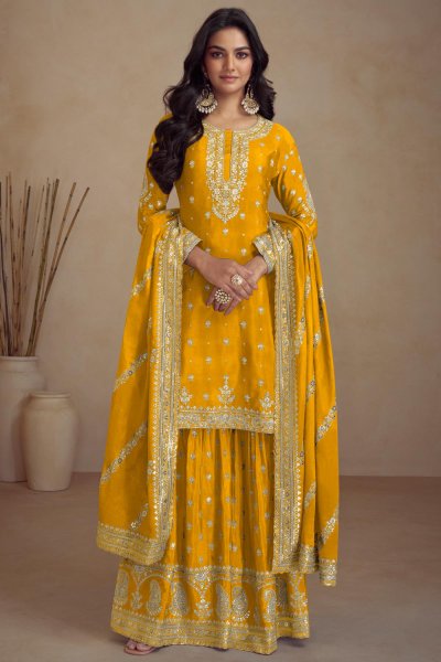 Stylish Mustard Simmer Silk Embroidered Ethnic Kurta Set With Sharara & Dupatta