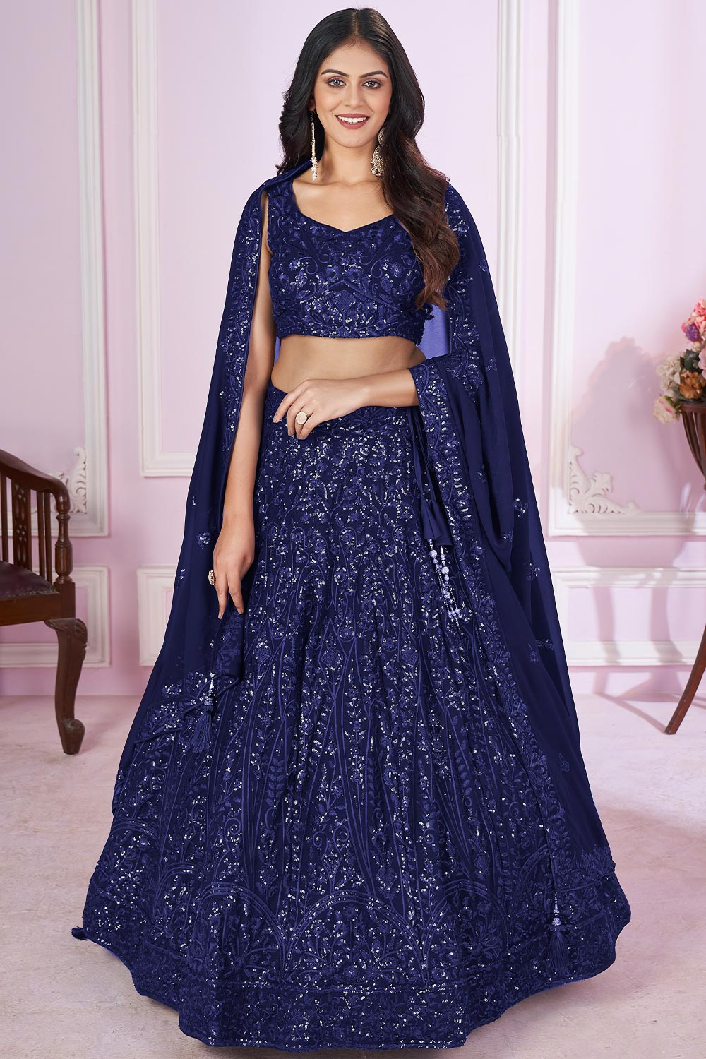 Long Kurti Style Blue Georgette Embroidered Lehenga Suit main image 1