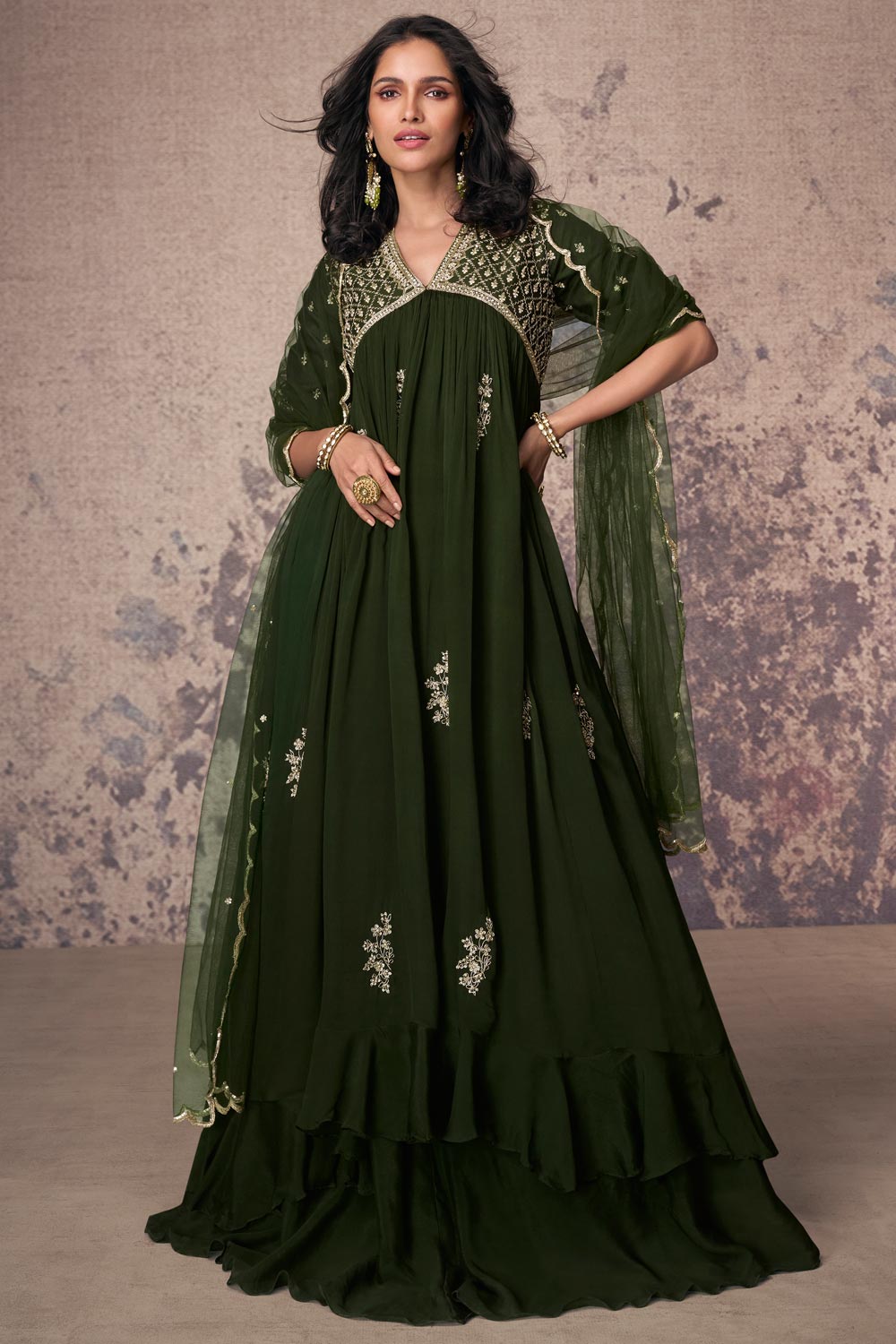 Magenta Pink Embroidered Chinnon Festive Anarkali Dress