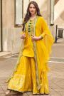 Mustard Yellow Silk Embroidered Kurta Sharara Set With Georgette Shrug