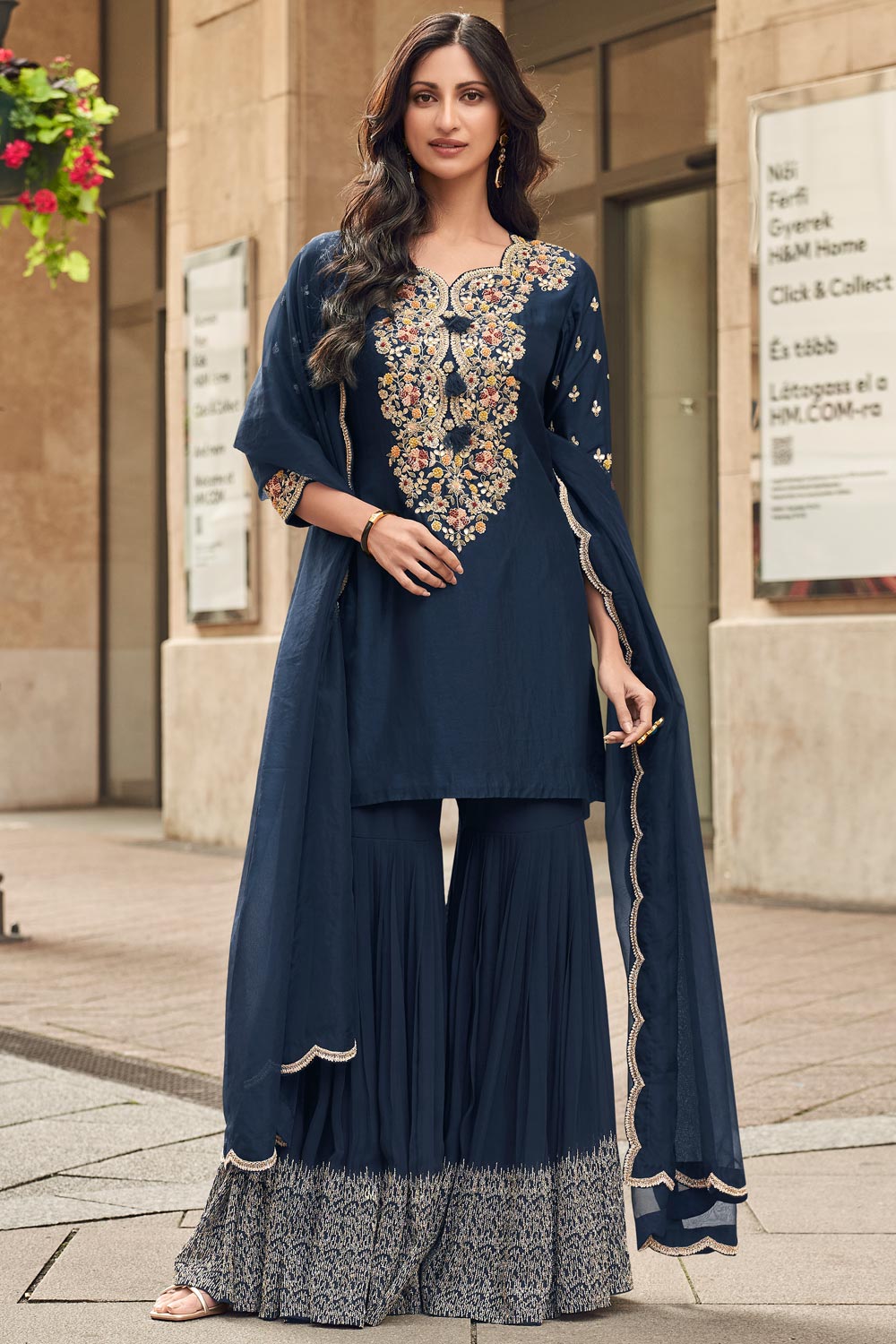 Women’s Navy Blue Viscose Silk Embroidered Kurta Set with Pant & Printed Chinon Dupatta
