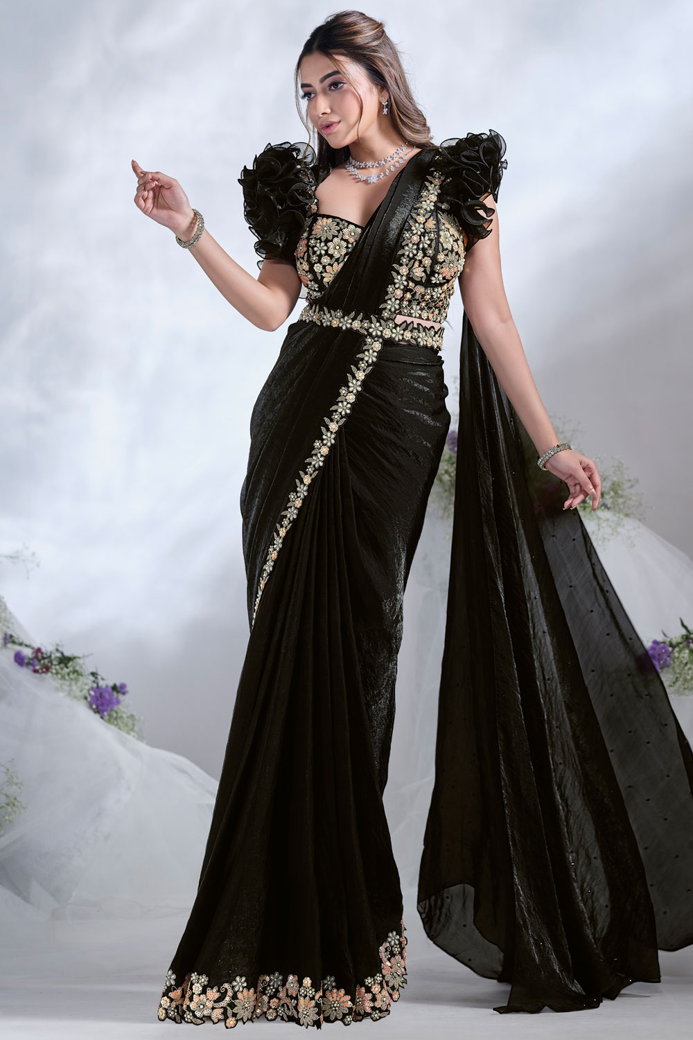 Women's Satin Silk Black Embellished Designer Saree With Blouse Piece