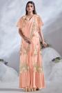 Pre-Draped Designer Peach Crepe Satin Silk Hand Embroidered Saree With Jacket & Belt