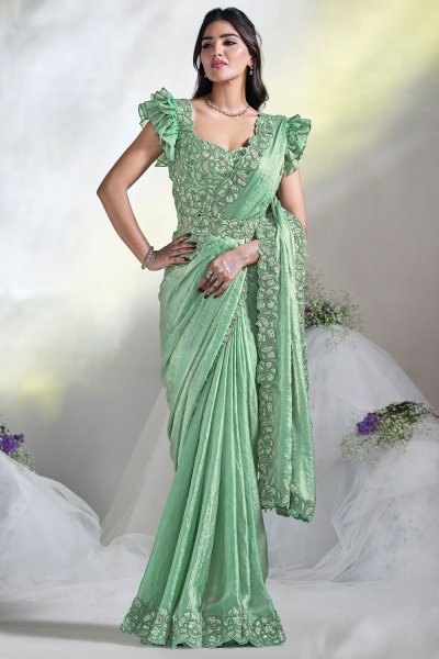 Pre-Draped Designer Mint Green Satin Silk Hand Embroidered Saree With Belt