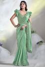 Pre-Draped Designer Mint Green Satin Silk Hand Embroidered Saree With Belt