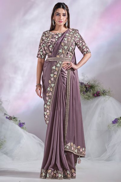 Pre-Draped Designer Mauve Crepe Satin Silk Hand Embroidered Saree With Belt