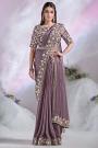 Pre-Draped Designer Mauve Crepe Satin Silk Hand Embroidered Saree With Belt