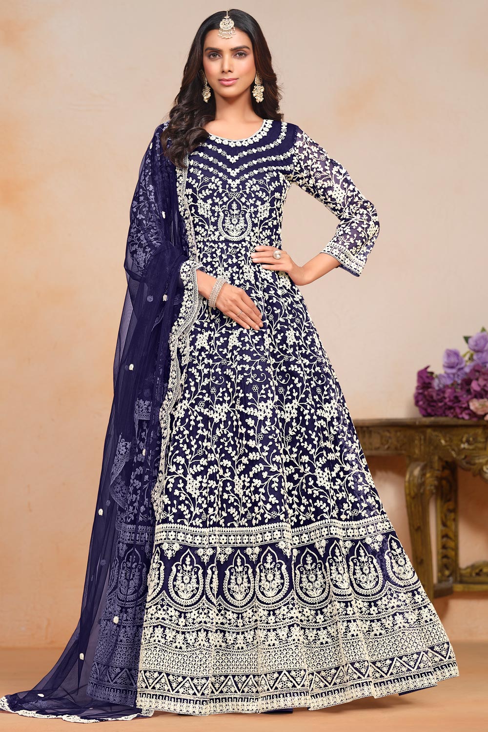 Bluish Grey Heavy Butterfly Net Beautiful Anarkali Suit
