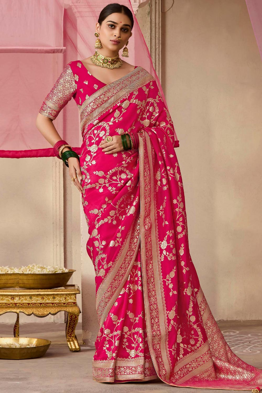 Royal Pink Pure Poly Cotton Zari Weaving Silk Cotton Saree main image 0
