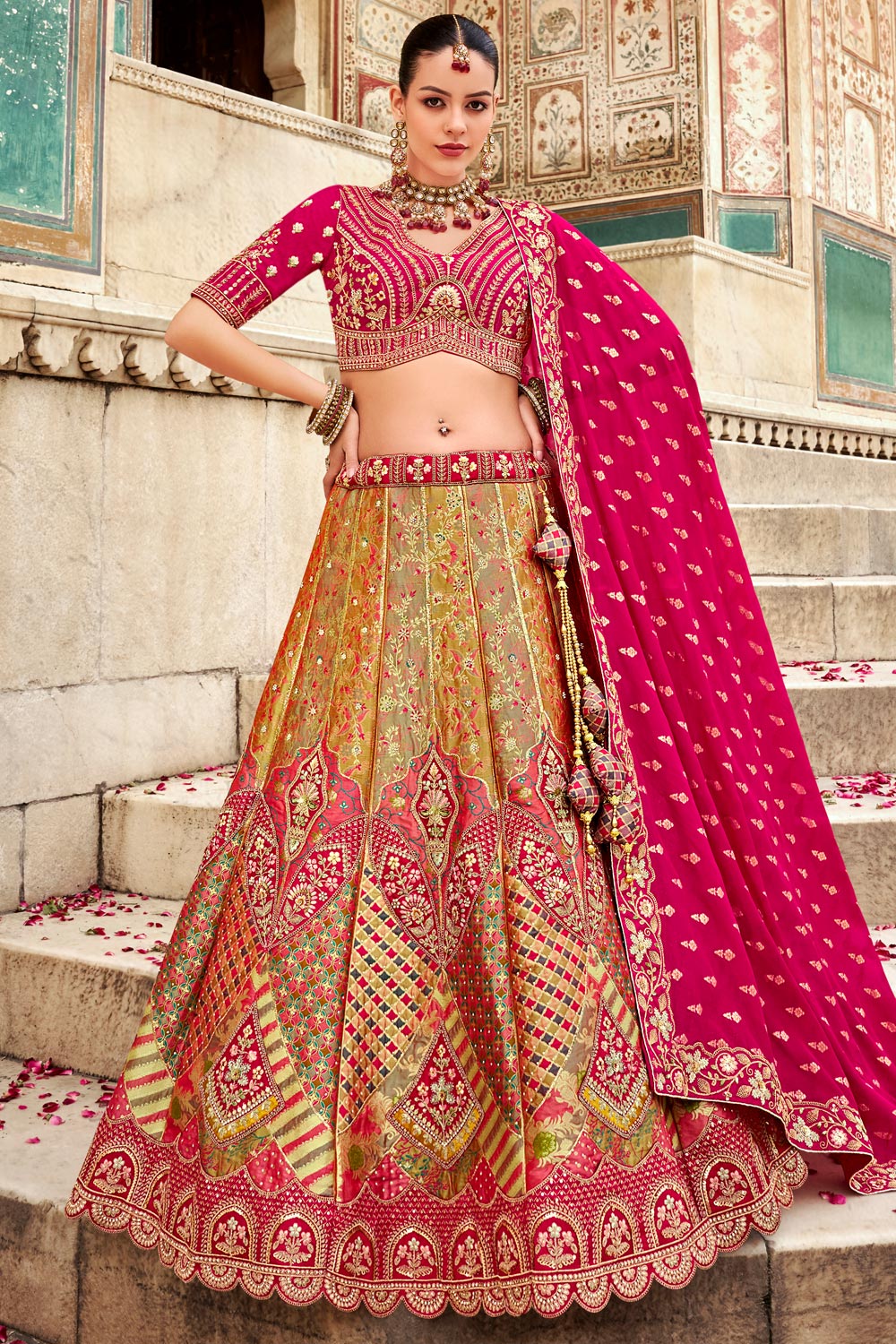 Mustard & Pink Banarasi Silk Bridal Designer Lehenga Choli