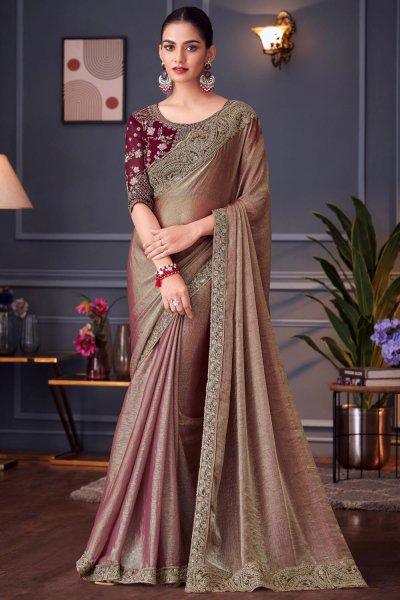 Bronze Maroon Silk Embroidered Designer Saree