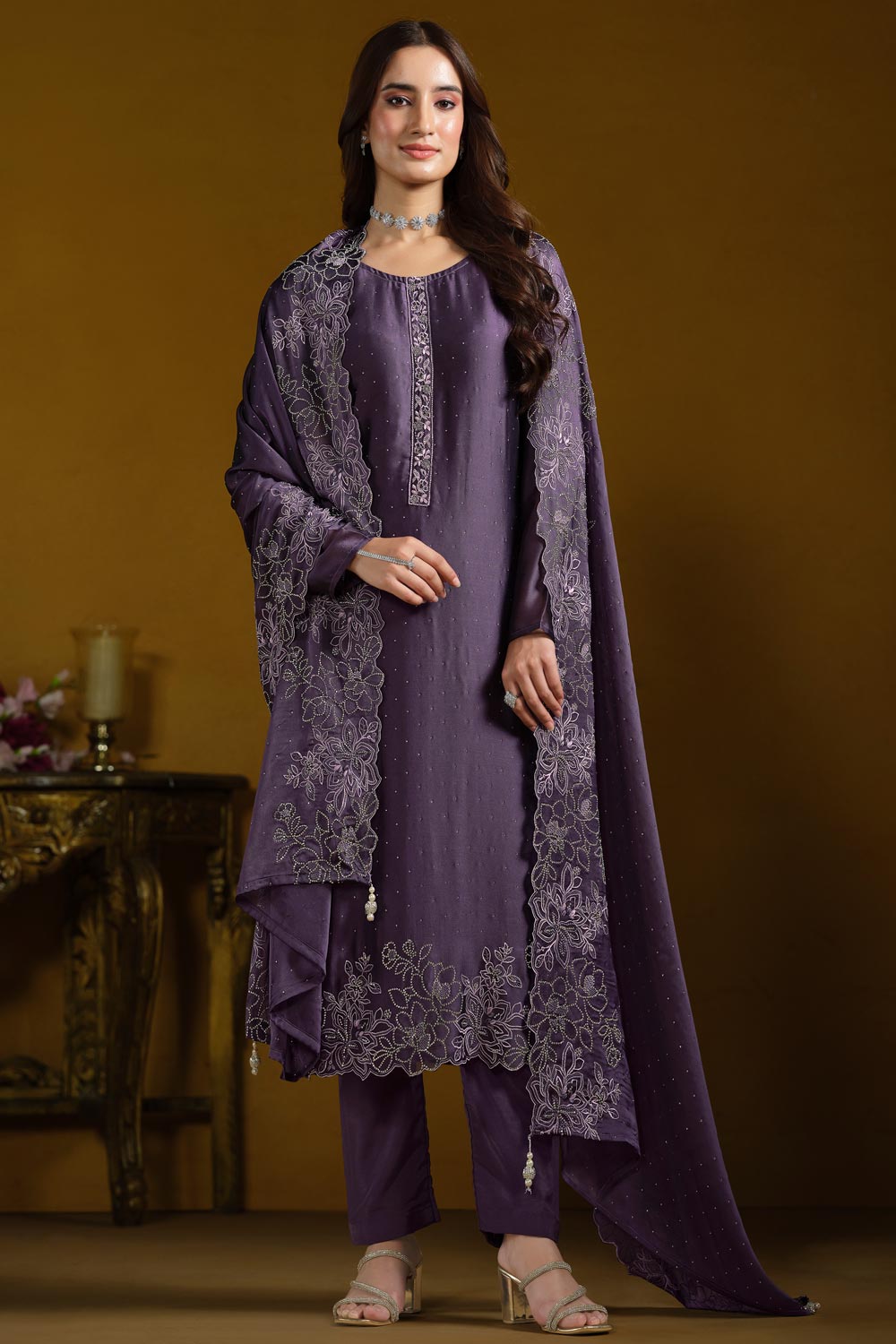 Deep Purple Embroidered Kurta with Gharara & Dupatta Set