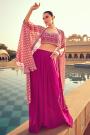 Magenta Pink Silk & Georgette Printed & Embroidered Top & Skirt Set With Cape