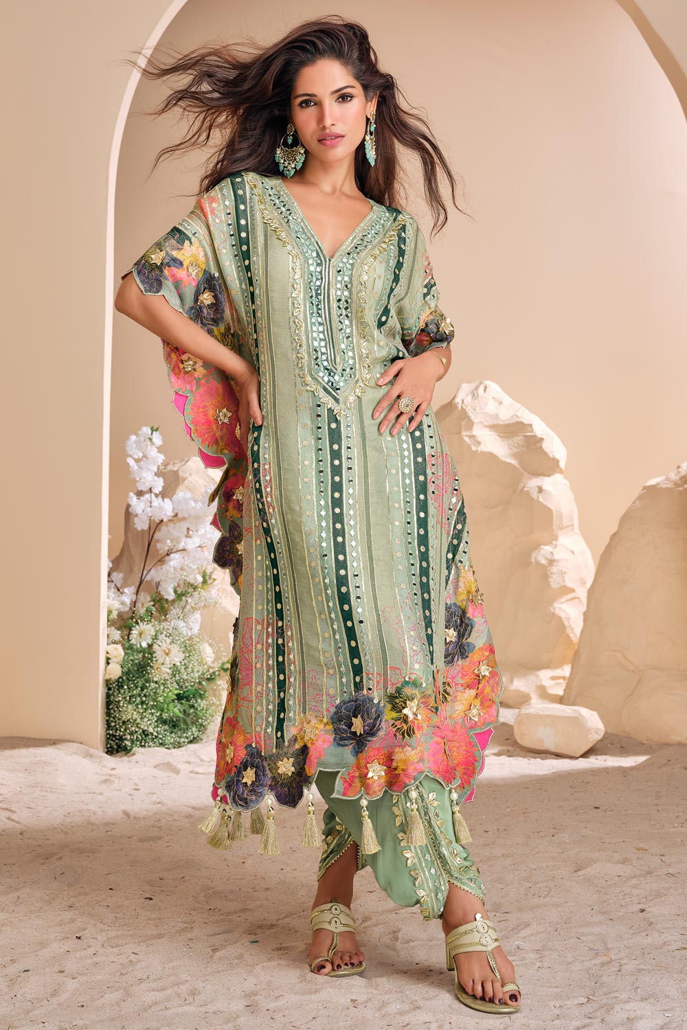 Green Dual Tone Floral Embroidered Kaftan Kurta with Dhoti Pants main image 0
