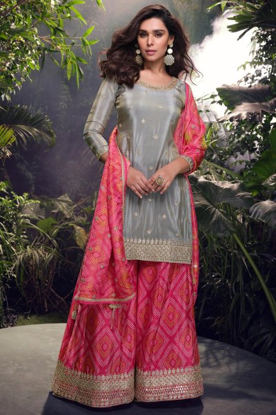 Grey & Pink Chinon Silk Embroidered Sharara Kurta Set Grey & Pink Chinon Silk Embroidered Sharara Kurta Set