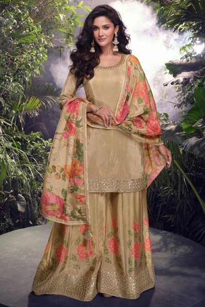 Beige Gold Chinon Silk Embroidered Sharara Kurta Set Beige Gold Chinon Silk Embroidered Sharara Kurta Set
