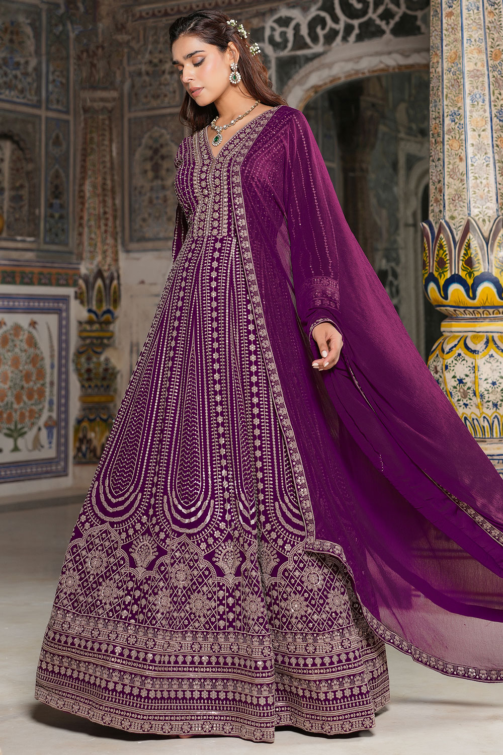 Women Elegant Floral Anarkali Dress with Tassel Dupatta