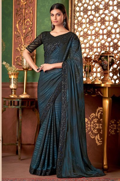 Prussian Blue & Black Silk Embroidered Saree