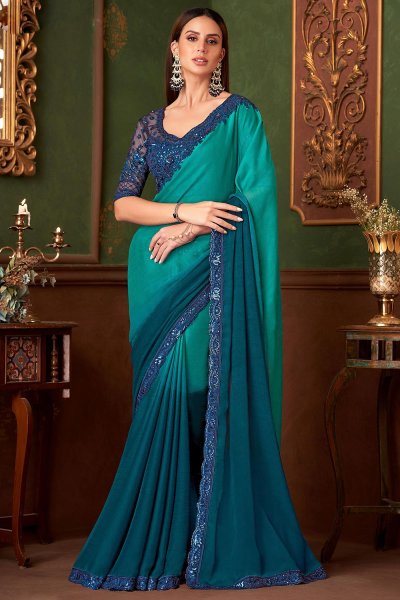 Prussian Blue Teal green Ombre Chiffon & Satin Embroidered Saree