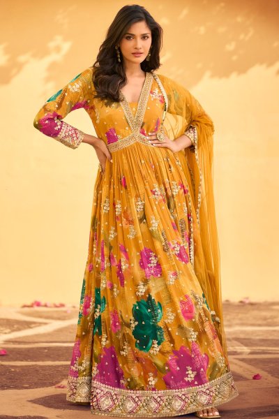 Mustard Chinon Silk Printed & Embroidered Anarkali Dress With Dupatta Mustard Chinon Silk Printed & Embroidered Anarkali Dress With Dupatta