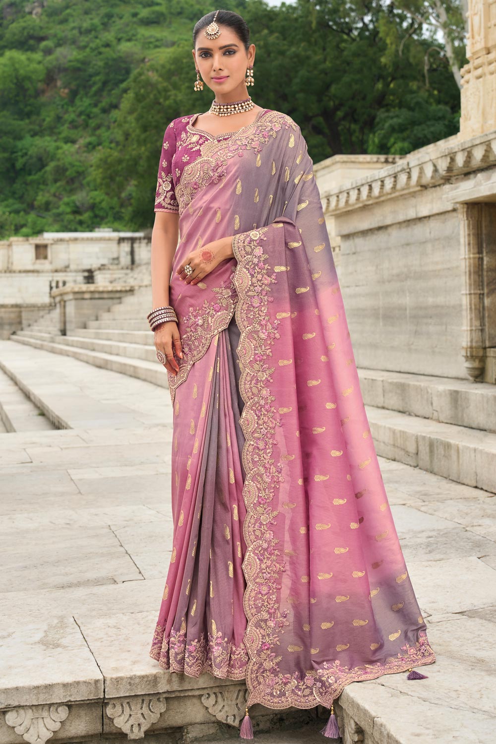 Mauve Bling Glittery Belted Saree with Lace Embellished Border