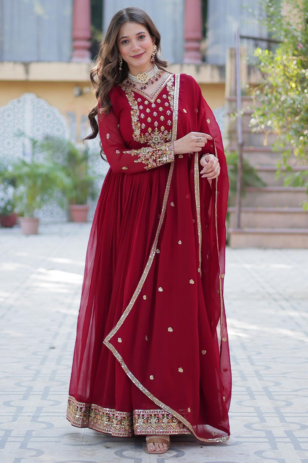 Red Faux Georgette Anarkali Dress With Embroidery Work