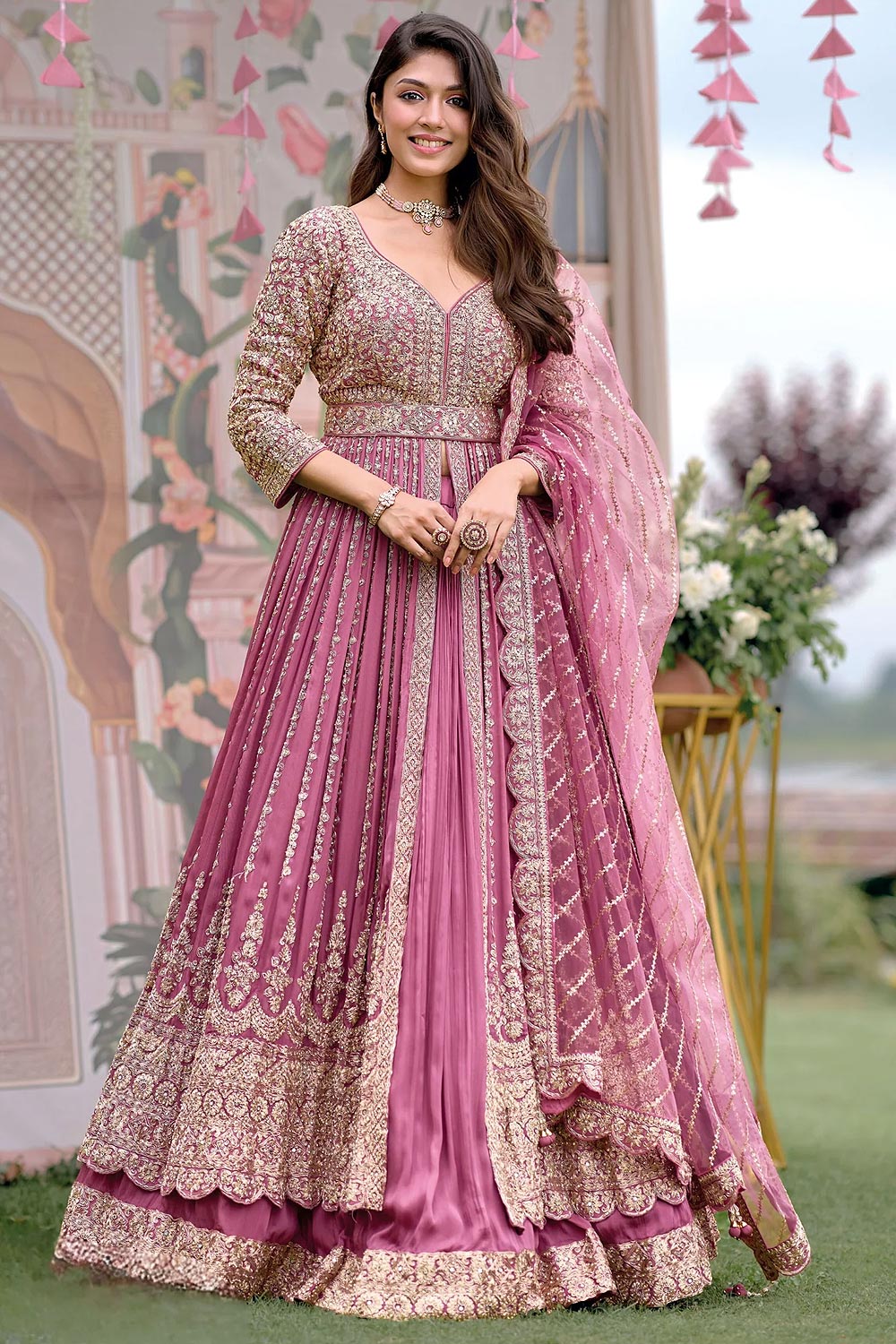 Women Baby Pink Chinon Silk Embroidered Anarkali Suit
