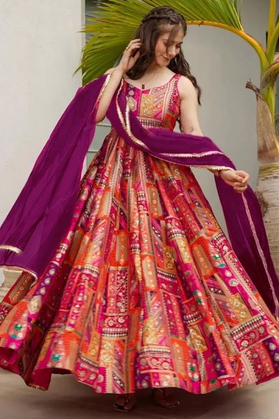 Magenta & Multicolor Printed Chanderi Silk Anarkali Dress With Organza Silk Dupatta