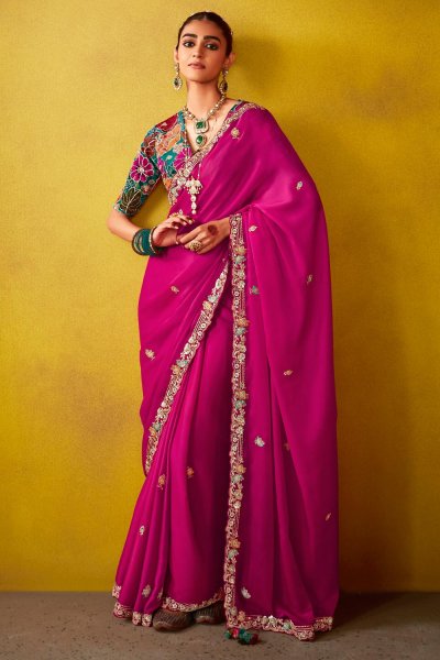 Hot Pink Tissue Silk Embroidered Saree With Stylish Blouse