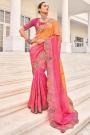 Orange Pink Crepe Silk Zari Woven & Embroidered Saree