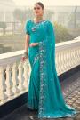 Turquoise Crepe Silk Zari Woven & Embroidered Saree