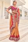 Dark Peach & Red Crepe Silk Zari Woven & Embroidered Saree