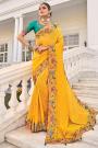 Yellow Crepe Silk Embroidered Saree With 3D Motifs