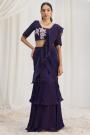 Pre-Draped Violet Organza Silk Hand Embroidered Saree Set