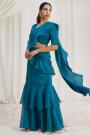 Pre-Draped Indigo Organza Silk Hand Embroidered Saree Set