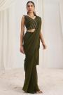 Pre-Draped Olive Green Organza Silk Hand Embroidered Saree Set
