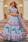 Powder Blue Silk Hand Worked & Printed Lehenga Set