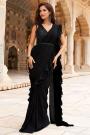 Pre-Draped Black Georgette Ruffled Saree With Belt