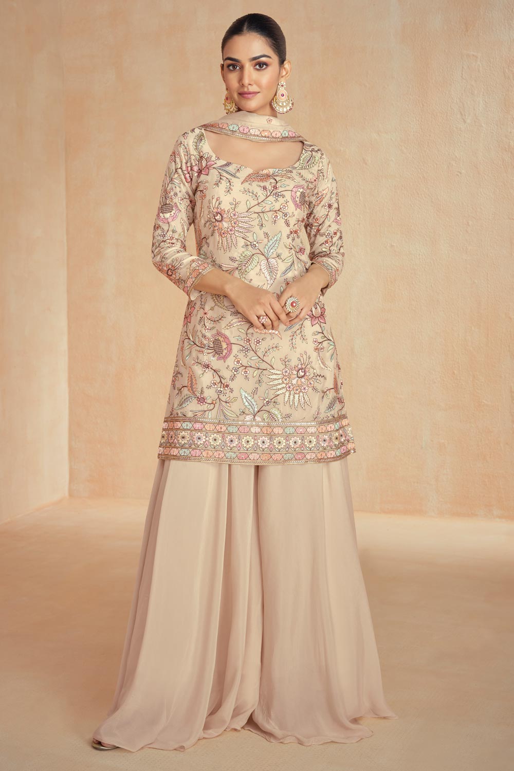 Anvitha Pure Chinon Silk Brown Kurti Set with Dupatta