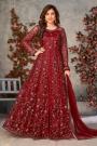 Red Net Embroidered Front Slit Anarkali Dress