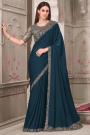 Navy Blue Satin Georgette Silk Embroidered Saree