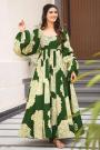 Dark Green Viscose Silk Printed Anarkali Dress With Dupatta