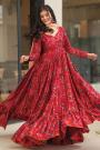 Red Viscose Silk Printed Anarkali Dress With Dupatta