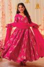 Fuchsia Pink Viscose Silk Printed Anarkali Dress With Dupatta