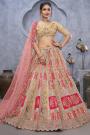 Cream & Pink Banarasi Silk Embroidered Lehenga Set