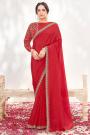 Coral Red Crepe Satin Silk Hand Embroidered Saree