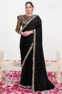 Black Crepe Satin Silk Hand Embroidered Saree